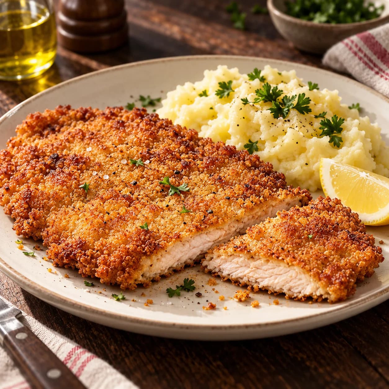 Idea para servir: milanesa dorada con limón y puré